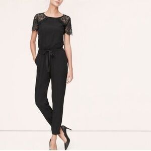 Loft Open Back Elastic Waistband Lace Jumpsuit Women Size 8 Black Pockets